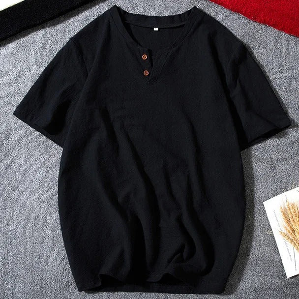 Men's Casual Solid Cotton And Linen Short Sleeves